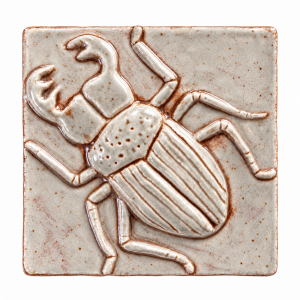 Beetle relief ceramic tile with a pale speckled finish and terracotta relief lines