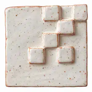 Stepped geometric relief ceramic tile with a speckled pale glaze and terracotta lines