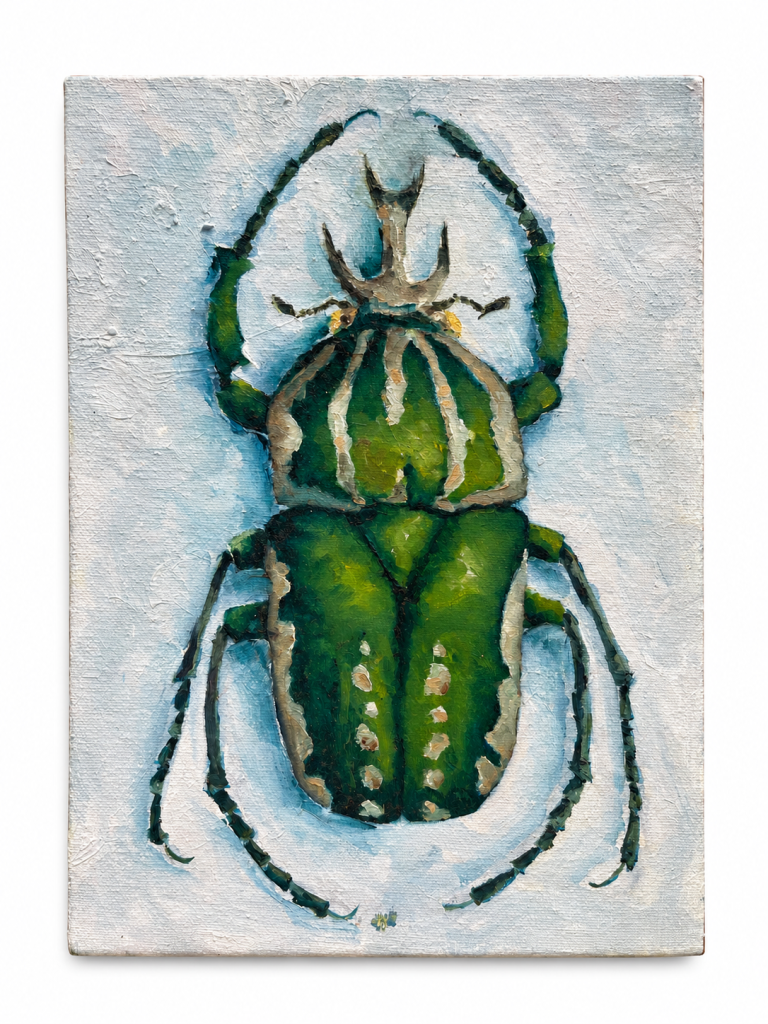 Green beetle oil painting on a pale background by Karla Brink