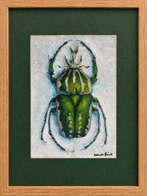Green Bug oil painting presented in a wooden frame with a dark green mount