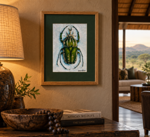 Green Bug artwork displayed in a safari lodge interior