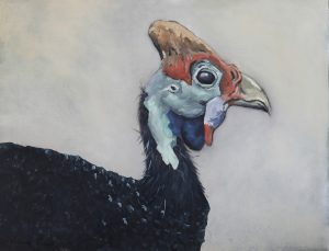 Guinea oil painting by Karla Brink, a close-up guinea fowl portrait with blue-black plumage.