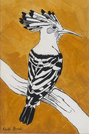 Black and white hoopoe with a raised crest against a golden ochre background, acrylic and black Indian ink artwork
