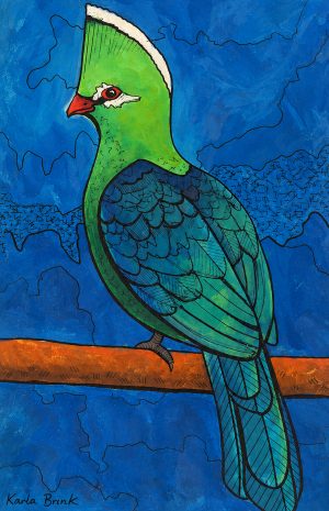 Green turaco with a red beak on an orange branch against a vivid blue background, acrylic and black Indian ink artwork
